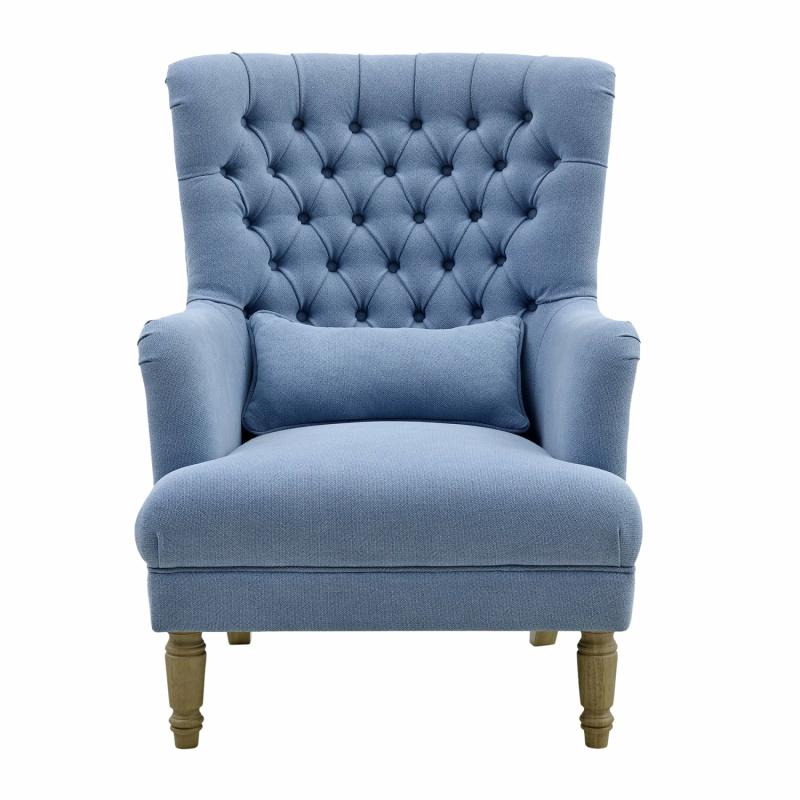 Bayside Slate Blue Hamptons Button Tufted Winged Armchair W/Wooden Legs Armchairs