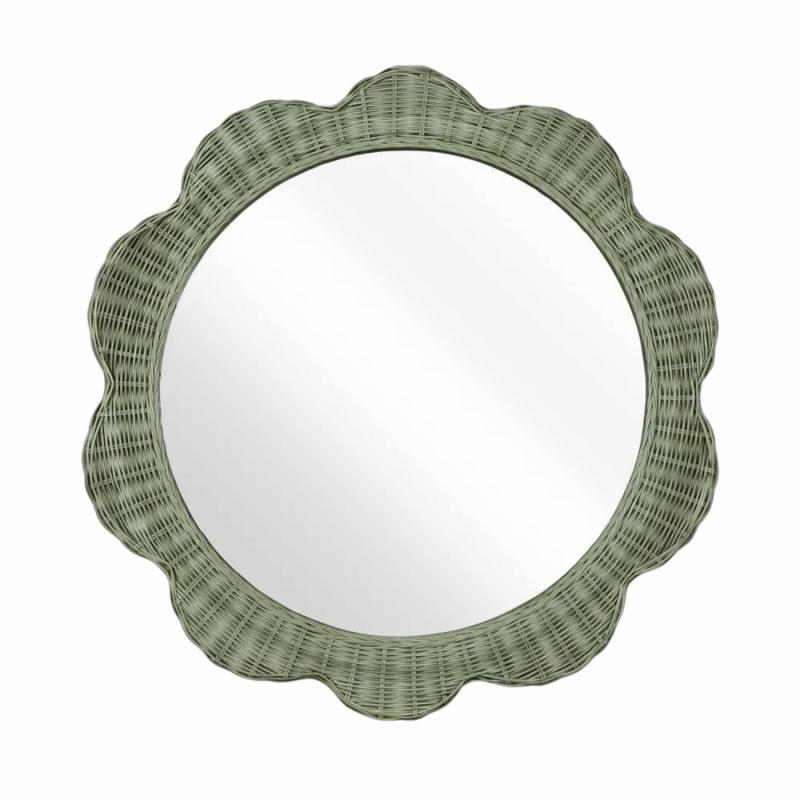 Belle Rattan Scallop Round Mirror Green Mirrors