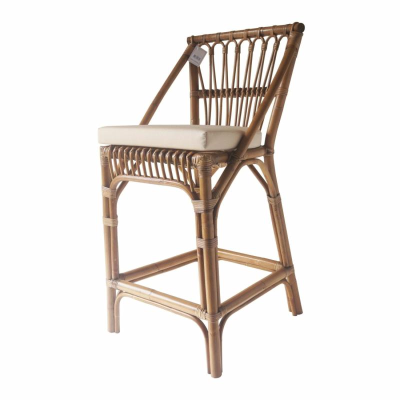 Cayman Rattan Hamptons Barstool Natural W/Beige Cushions & Footrest Bar Stools