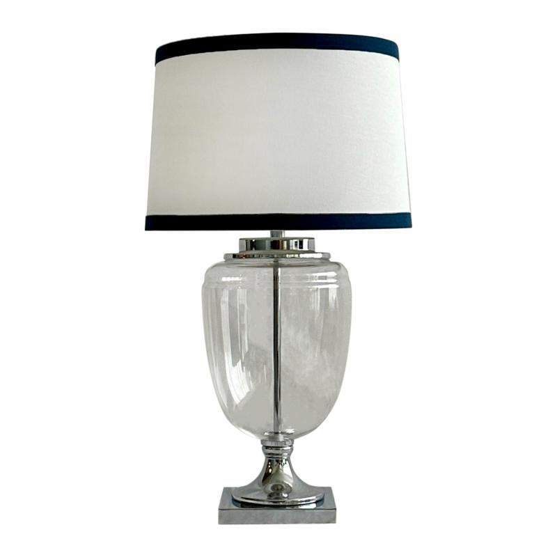 Charlotte Glass And Nickel Lamp With White Linen Shade (Navy Trim) Lamps