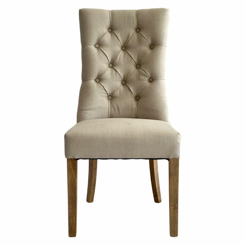 Diana Buttoned Hamptons Dining Chair Beige Linen Blend Chairs