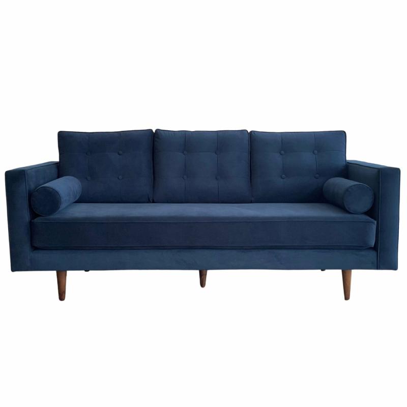 Evie Button Tuffed 3 Seat Sofa Navy Blue Velvet W/ Bolster Cushions 3 Seaters