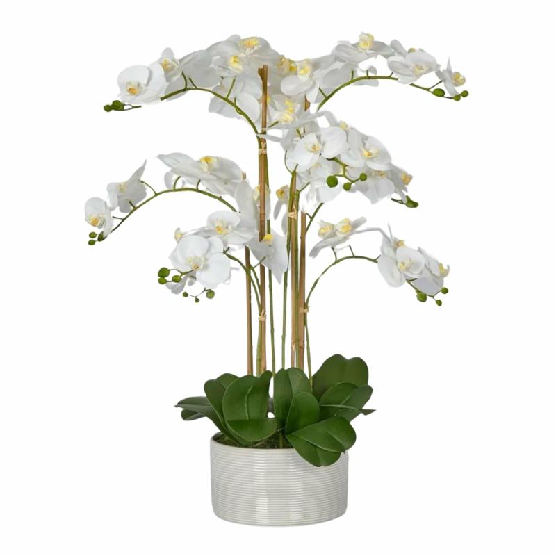 Luxe Phalaenopsis In Ribbed Bowl-9 Stems Artificial Flowers & Plants