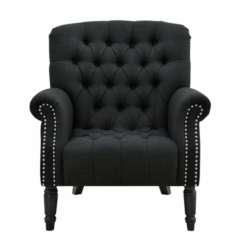 Maurice Charcoal Hamptons Buttoned Armchair W/Studs Linen Blend Armchairs