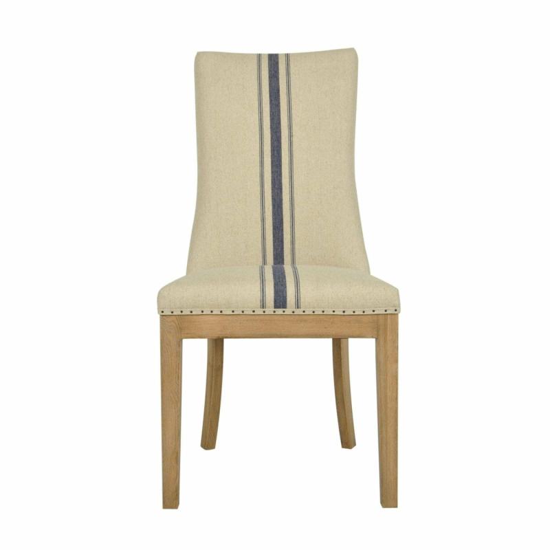 Oakwood Hamptons Linen Dining Chair Natural/Blue Stripe W/ Studs Chairs