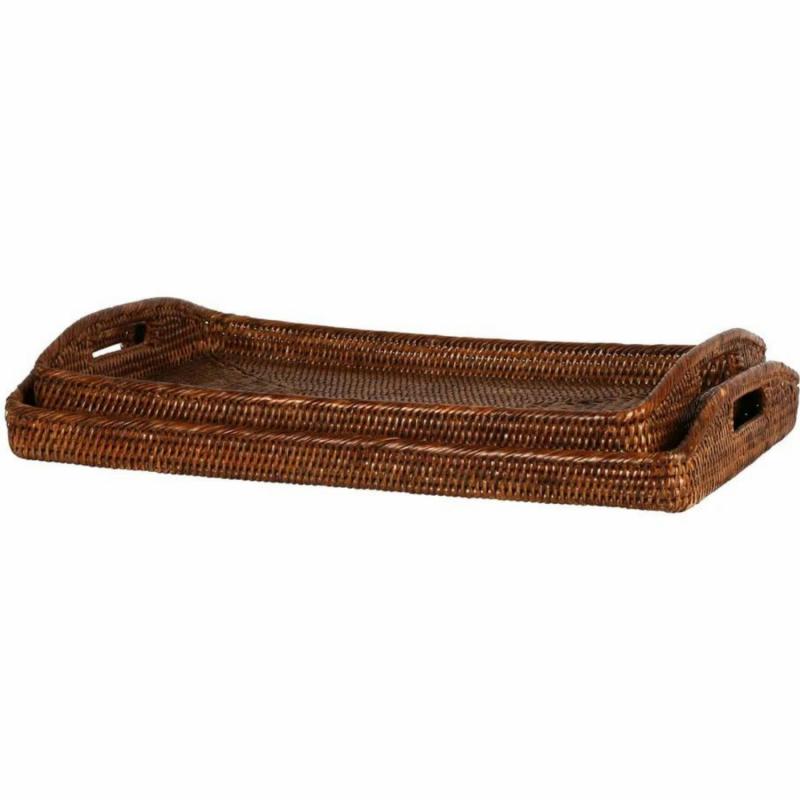 Paume Rattan Rectangle Tray Set 2 Antique Brown Decor