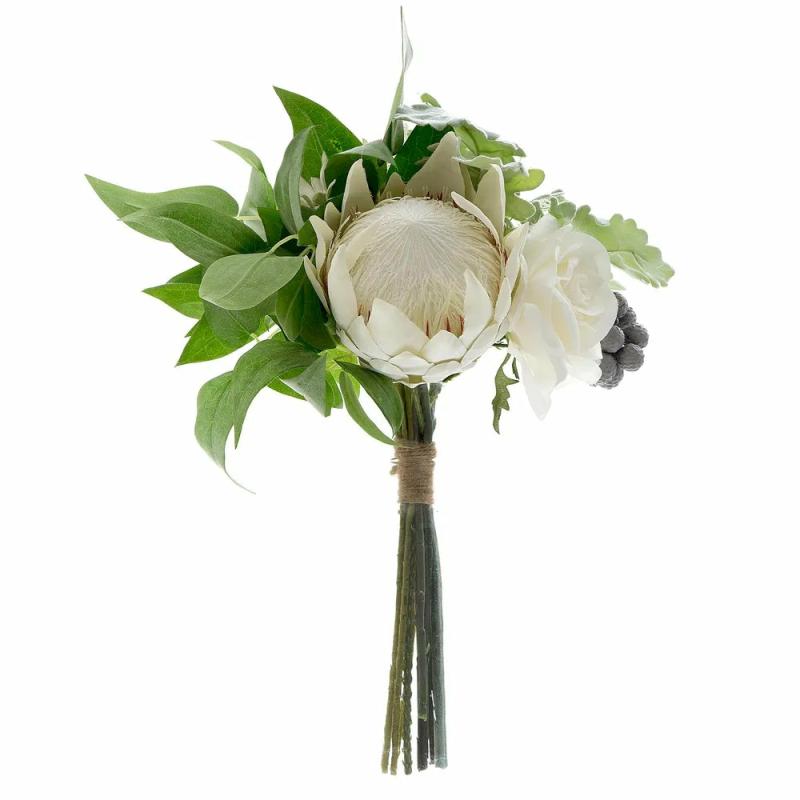 Protea Rose Dusty Miller Mix Bouquet 40Cm White Artificial Flowers & Plants