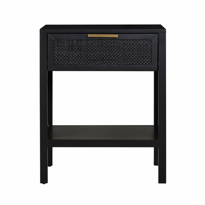 Santorini Hamptons Timber/Rattan Bedside Table Black Bedroom