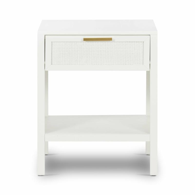 Santorini Hamptons Timber/Rattan Bedside Table White Bedroom