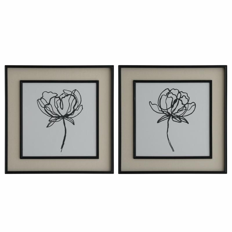 Sketched Flowers In Black Frame With Linen Insert Set 2 Wall Art