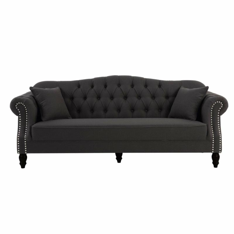 Vaucluse Buttoned 3 Seat Sofa Charcoal W/ Studs 3 Seaters