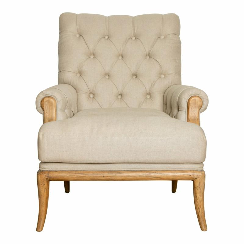 Claire Buttoned Hamptons Armchair Beige Linen W/ Oak Legs