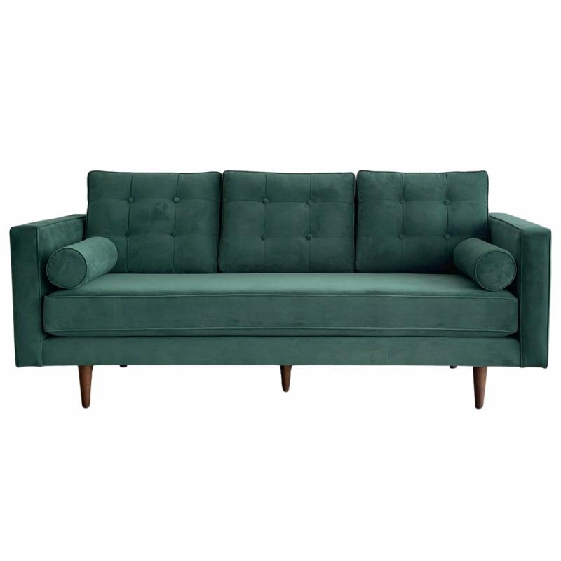 Evie Button Tuffed 3 Seat Sofa Forest Green Velvet W/ Bolster Cushions 3 Seaters