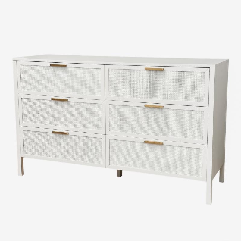 Santorini Hamptons 6 Drawer Timber/Rattan Dresser 140Cm White Bedroom